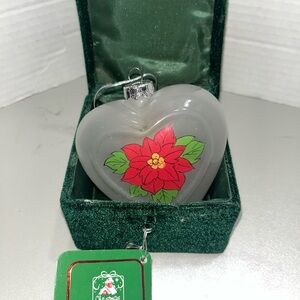 Christmas House Hand Painted Glass Heart Christmas Ornament Poinsettia Mistletoe